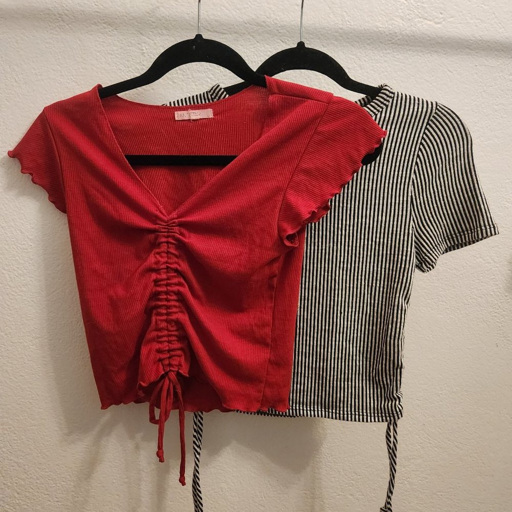 Lot of 2 Bodycon Crop Tops | Red & Black and White Striped | Trendy Drawstring